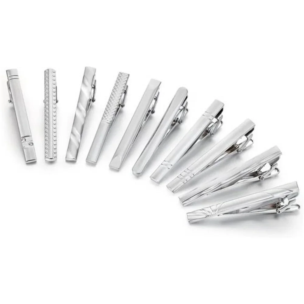 Mens silver tie clip set 10 piece metal tie bar classic formal wedding gift